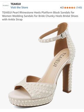 Pearl-Embellished Cream Platform Block Heels with Ankle Strap